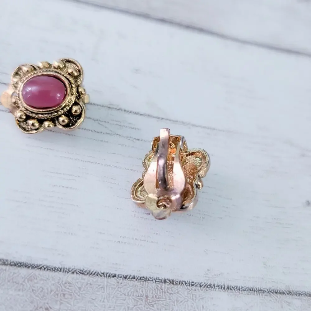 Vintage Clip On Earrings Antique Gold Tone Halo with Dark Pink Center